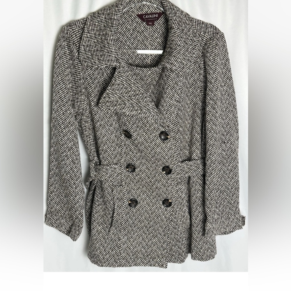 Vintage Cavalini Outerwear Women’s Peacoat PXL Brown Black Herringbone Belted
